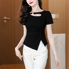 批发黑色<b class='q'>镂空</b>短袖T恤女2026夏季新款显瘦百搭气质开叉打底衫短上衣