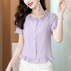 批发法式紫色圆领短袖衬衫女夏2026夏季新款木耳边泡泡袖衬衣短上衣