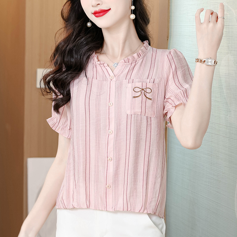 RY3854# 时尚妈妈装蝴蝶刺绣条纹短袖衬衫2026女夏季新款设计感显年轻半袖