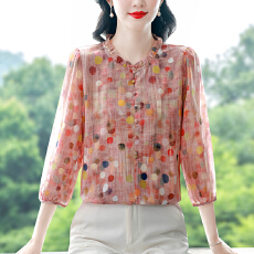 批发时尚波点印花木耳边七分袖衬衫女2026夏装气质薄款宽松妈妈上衣