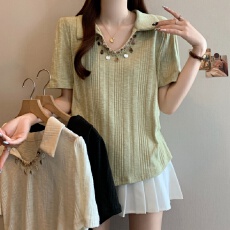 批发实拍设计感独特翻领短袖T恤女2026夏季新款大码微胖显瘦遮肚上衣