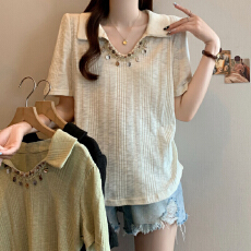 批发实拍大码POLO领正肩短袖针织T恤夏季新款胖mm收腰显瘦百搭上衣女