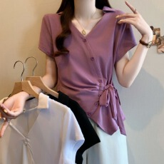 批发实拍大码不规则v领正肩短袖t恤女夏季胖mm显瘦收腰设计感绑带上衣