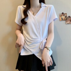 批发实拍大码不规则v领白色短袖t恤女夏季胖mm显瘦收腰设计感绑带上衣