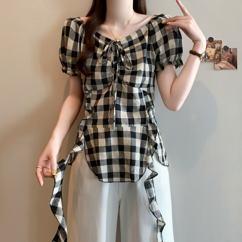 MY9927# 大码复古格子短袖T恤女夏季胖mm显瘦设计感小众别致绝美上衣女裝貨源服裝批發
