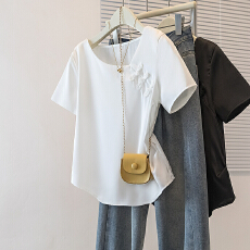 批发实拍大码新中式短袖t恤女2026夏季新款设计感百搭显瘦不规则上衣