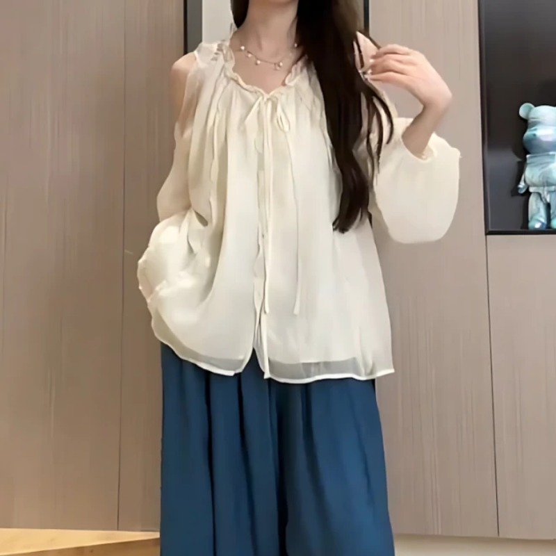 FA34681# 大码胖mm早秋温柔度假风露肩衬衫女小众甜美显瘦别致网纱上衣 服裝批發女裝批發服飾貨源