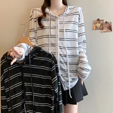 批发实拍大码女装撞色条纹连帽开衫2026春季新款休闲百搭宽松显瘦上衣