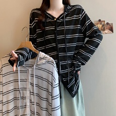 批发实拍大码女装百搭长袖条纹开衫T恤2026春季新款连帽宽松休闲上衣