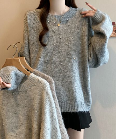 실사 빅 사이즈 여성 의류 고급 센스 무거운 작업 핫픽스 니트 스웨터 가을 겨울 표지 미트볼 칼라 느긋한 스웨터 루즈핏 맨위