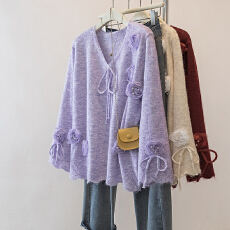 批发实拍大码秋冬新款时尚花朵紫色毛衣<b class='q'>外套</b>宽松百搭显瘦洋气针织上衣