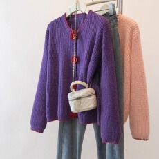 实拍大码小香风毛衣外套紫色花朵针织开衫秋冬胖mm遮肉洋气上衣