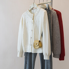 实拍大码小香风重工镶钻洋气显瘦时尚洋气针织开衫女遮肉毛衣外套