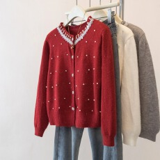 实拍大码小香风重工镶钻洋气显瘦新年红色针织开衫女遮肉毛衣外套