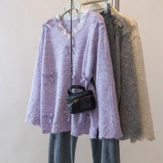 批发实拍大码蕾丝针织衫女秋季时尚软糯毛衣打底衫宽松显瘦洋气上衣