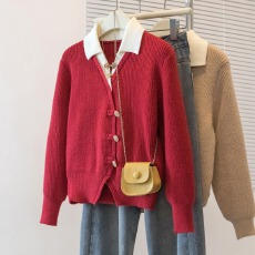 批发实拍大码女装新中式国风红色针织衫毛衣秋冬新款百搭假两件上衣