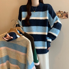 批发实拍大码撞色条纹毛衣女2025新款宽松显瘦减龄百搭针织衫上衣