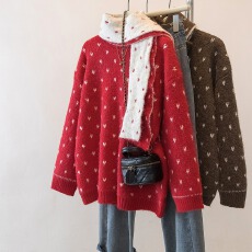 批发<b class='q'>实拍</b>大码女装新年红色毛衣新款围巾洋气针织衫两件套内搭外穿上衣