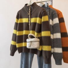 批发实拍<b class='q'>大码</b>女装条纹撞色半高领毛衣秋冬新款半开领保暖打底针织衫