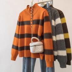 批发实拍<b class='q'>大码</b>女装条纹撞色半高领毛衣秋冬新款半开领保暖打底针织衫