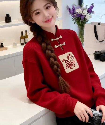 빅 사이즈 여성 의류 새로운 중식 국풍 단추 백마 빨간색 크리스마스 스웨터 2026 새로운 겨울 띠띠해 옷