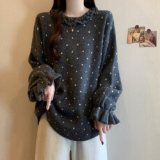 批发实拍<b class='q'>大码</b><b class='q'>时尚</b>洋气波点木耳边喇叭袖毛衣针织衫2025新年穿搭毛衣女