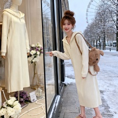 批发实拍大码拉链领连帽小长款毛衣裙女过膝内搭针织连衣裙<b class='q'>秋</b>冬配大衣