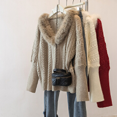 批发实拍大码毛领麻花针织毛衣女<b class='q'>秋</b>冬季新款加厚宽松减龄显瘦百搭上衣