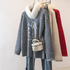 批发实拍大码新年红色毛领洋气针织毛衣女<b class='q'>秋</b>冬季加厚高级感套头上衣