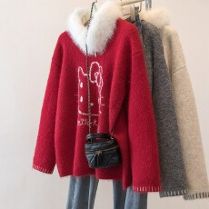 批发实拍大码新年红色毛领洋气针织毛衣女<b class='q'>秋</b>冬季加厚高级感套头上衣