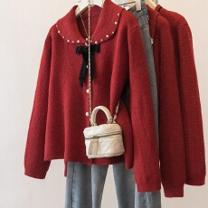 批发实拍大码设计感钉珠蝴蝶结针织衫2026年新年战袍洋气显瘦<b class='q'>毛衣</b>女