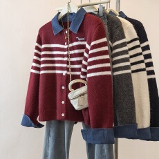 批发<b class='q'>实拍</b><b class='q'>大码</b>牛仔拼接条纹针织开衫女春季新款设计感假两件新年红毛衣