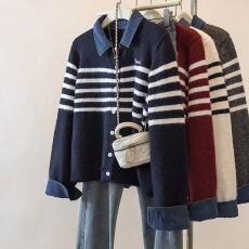 批发<b class='q'>实拍</b><b class='q'>大码</b>牛仔拼接条纹针织开衫女2026春季新款设计感假两件毛衣