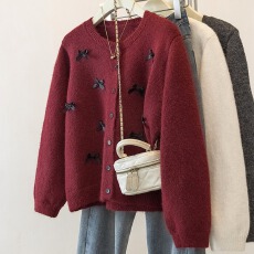 批发<b class='q'>实拍</b><b class='q'>大码</b>立体蝴蝶结针织开衫2026新年穿搭时尚百搭红色毛衣外套