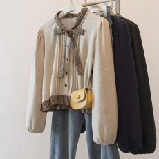 实拍大码撞色拼接蝴蝶结系带衬衫女春季新款设计感减龄百搭上衣