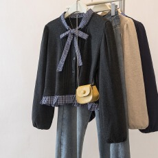 实拍大码撞色拼接蝴蝶结系带衬衫女春季新款设计感减龄百搭上衣