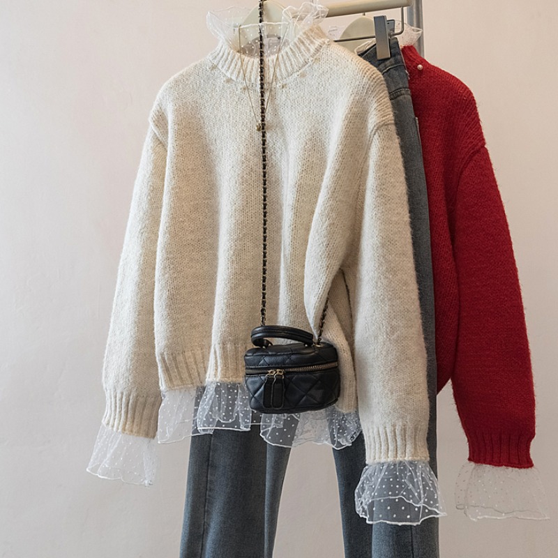 MY17146# 大码女装新款钉珠蕾丝拼接针织衫洋气百搭减龄显瘦毛衣女裝貨...