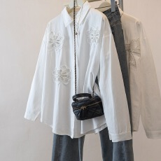 批发实拍大码女装立体花朵重工钉珠白色衬衫<b class='q'>外套</b>2026春季<b class='q'>新款</b>显瘦上衣
