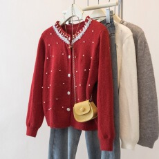 批发实拍大码小香风重工镶钻洋气显瘦新年红色针织开衫女遮肉毛衣外套