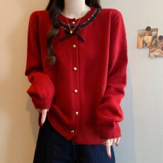 批发实拍大码女装新年穿搭小香风红色亮片针织开衫胖mm高级感百搭毛衣