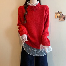 批发实拍大码女装红色复古钉珠蕾丝拼接针织衫洋气百搭减龄显瘦毛衣