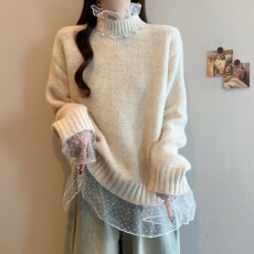 批发实拍大码女装新年穿搭春款钉珠蕾丝拼接针织衫洋气减龄百搭毛衣