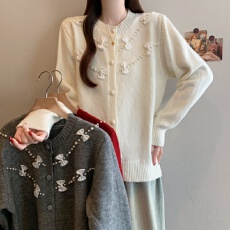 批发实拍大码女装蝴蝶结钉珠毛衣外套2026新年穿搭洋气减龄针织上衣