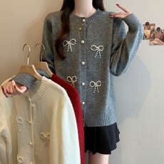 批发实拍大码蝴蝶结钉珠毛衣外套女2026新年穿搭洋气减龄百搭针织上衣