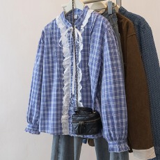 批发实拍<b class='q'>大码</b><b class='q'>超</b>好看重工蕾丝系带蓝格衬衫女2026春季新款遮肉百搭上衣