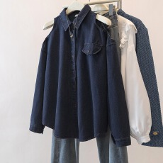 批发实拍大码心机口袋露肩牛仔衬衫女早春2026新款长袖宽松设计感上衣