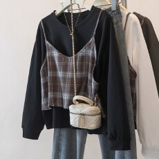 批发实拍大码拼接长袖T恤打底衫春季新款胖mm设计感假两件百搭上衣