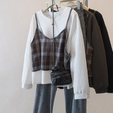 批发实拍大码洋气显瘦拼接长袖T恤春季新款胖mm设计感假两件百搭上衣