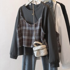 批发实拍大码洋气显瘦拼接长袖T恤春季新款胖mm设计感假两件百搭上衣