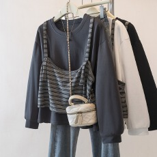 批发实拍大码洋气显瘦拼接T恤女春季新款胖mm设计感假两件百搭上衣